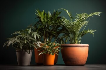 Plants in old pots,  indoor garden and gardening hobby concept. Studio dark green background. Generative AI