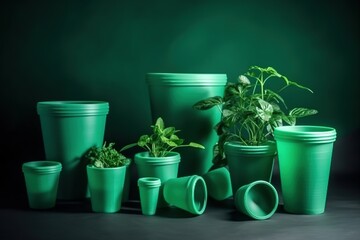 Plants in old green recycled pots on studio green background. Generative AI