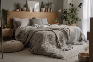 Knit blanket on grey bed in bright bedroom with poster and plants. Real picture. Generative AI