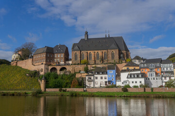 Fototapeta na wymiar View to the german city called Saarburg with church St. Laurentius
