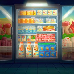 Fototapeta na wymiar Dairy products standing in a large refrigerator with glass doors standing inside the store, created with generative ai