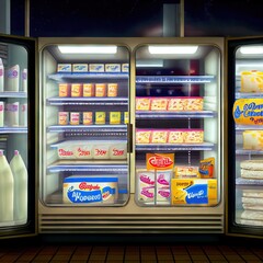 Dairy products standing in a large refrigerator with glass doors standing inside the store, created with generative ai