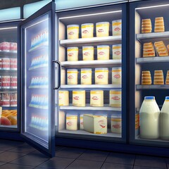 Dairy products standing in a large refrigerator with glass doors standing inside the store, created with generative ai