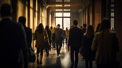 Fototapeta na wymiar Group of people walking in hallway. Gernerative AI illustration