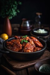 Chunks of chicken in a spicy sauce and sesame seeds. From a series of Food Korean cuisine. Generative Ai