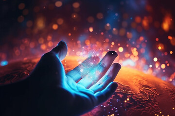 magic particles on the palms of a person. Generative AI illustration