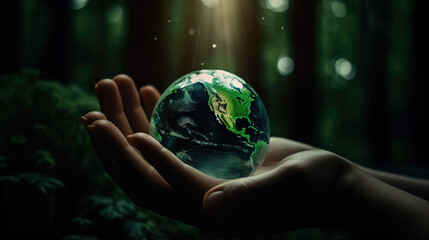 Hands Holding Globe Glass In Green Forest - Environment Concept . Generative Ai illustration