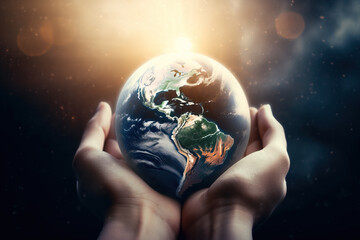 earth in hands. green planet on hand. save of earth. environment concept for background web or world guardian organization. Generative Ai illustration