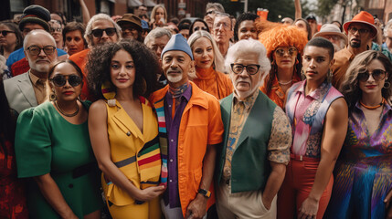 Fototapeta premium Large group of young and old mixt races people in warm color clothing outdoors looking at camera. Generative AI illustration