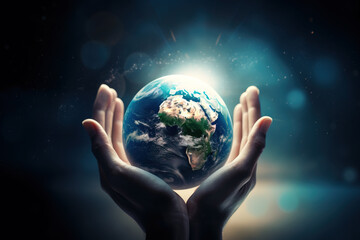 Hands Holding Globe Glass In Green Forest - Environment Concept . Generative Ai illustration