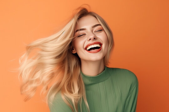 Young woman smiling at camera, portrait. Generative AI illustration