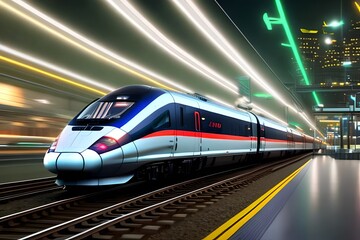 Obraz na płótnie Canvas High speed train at station and blurred cityscape at night on background. Postproducted generative AI digital illustration of non existing train mode, generative AI digital illustration