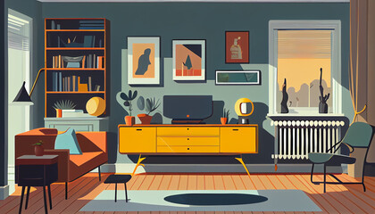 Scandinavian Style Interior Illustration - Minimalist Living Space with Natural Light (Generative AI)