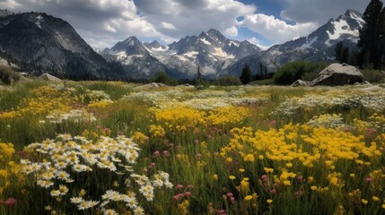 Fototapeta na wymiar A tranquil meadow filled with wildflowers and surrounded by snow-capped mountains Generative AI