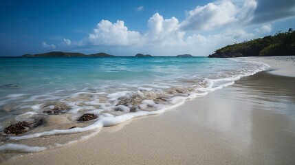 Obraz premium A peaceful beach with white sand, crystal clear water, and a warm breeze blowing Generative AI