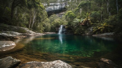 Naklejka premium A majestic waterfall cascading down into a crystal clear pool of water in a remote wilderness Generative AI