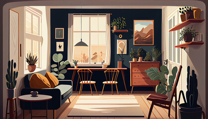 Scandinavian Style Interior Illustration - Minimalist Living Space with Natural Light (Generative AI)