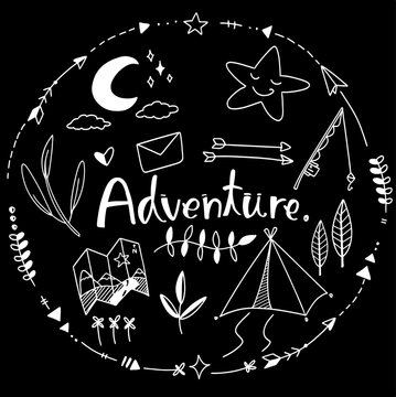 Vector - camping doodle set, outdoor or picnic concept, hand drawing on on white background, outdoor elements.