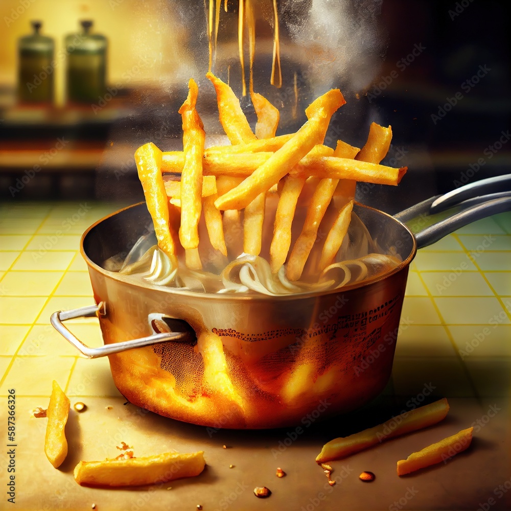 Sticker French fries cooked in boiling deep-fried oil, created with generative ai