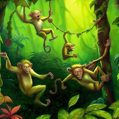 Funny monkeys fool around on vines in the jungle, created with generative ai