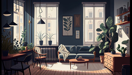 Scandinavian Style Interior Illustration - Minimalist Living Space with Natural Light (Generative AI)