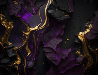 Black purple gold marble background. Generative AI.