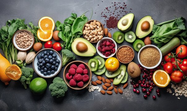 Healthy food clean eating: fruit, vegetable, seeds, superfood, cereals, leaf vegetable on black wood background with copy space, top view. Generative Ai.