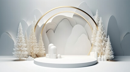 Fototapeta premium 3d render, white Christmas background with empty stage. Generative Ai