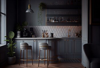 Gray kitchen corner with bar. Generative AI