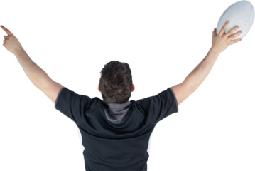 Back turned rugby player gesturing victory