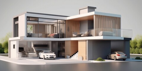 Cross-Section of Modern Stylish Home with Garage, AI Generated