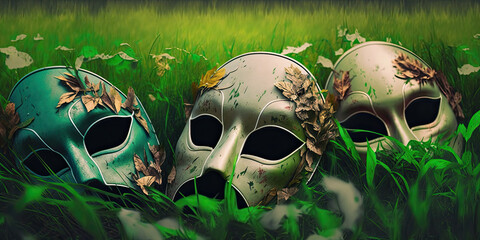 Abandoned mouth masks on grass - Generative AI