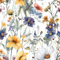 seamless pattern of wild flowers. watercolor design. Generative AI