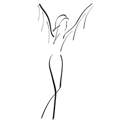 winged slender young woman goes in for sports, beauty and emotions, abstract black outline