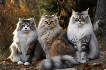 Naklejka na ściany i meble Siberian breed cats with long hair and lovely kittens in a garden. Generative AI