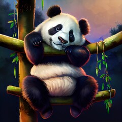 Obraz premium Funny panda hung on a branch, created with generative ai