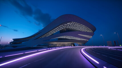 Motion curvy urban road with motion blur tail light and modern building