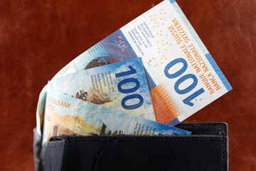Banknotes stick out of the wallet, Swiss currency