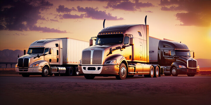 Semi-trailer trucks parked at sunset sky - Generative AI