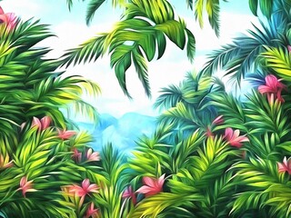 Beautiful nature floral tropical background painting on paper canvas. Generative AI