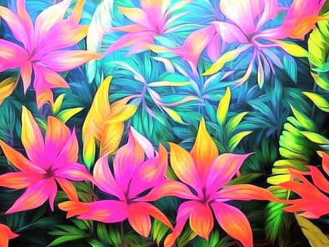 Beautiful nature floral tropical background painting on paper canvas. Generative AI