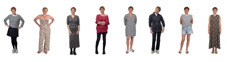 front view of the same woman in different outfits at different times on white background