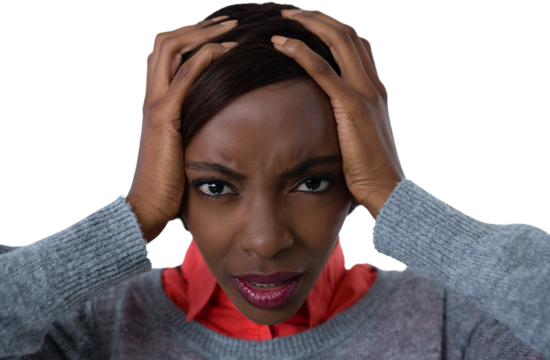 Portrait of frustrated woman with head in hands