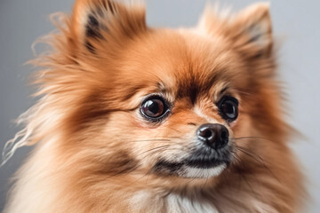 Close up portrait of a royal spitz. Portrait of a beautiful fluffy red purebred dog. Pomeranian spitz close up