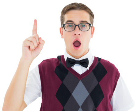 Geeky hipster looking at camera and pointing up