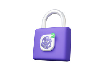 Fingerprint padlock with check mark approved floating on isolated background. lock cyber security protection concept. account identity id privacy password secure personal data information. 3d render