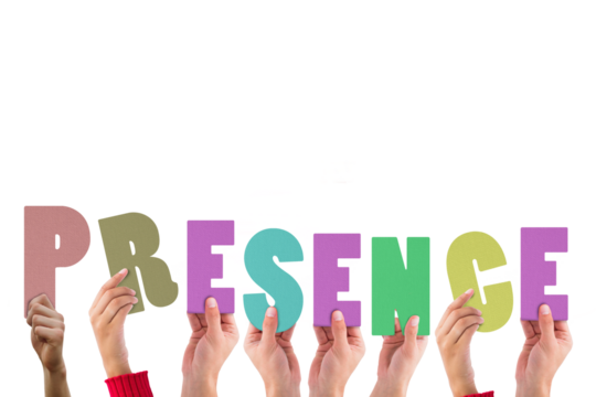 Colorful alphabet spelling presence held up by people 