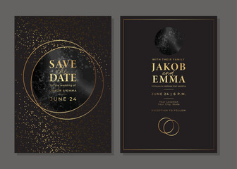 Set of luxury golden wedding invitation cards with rings and glitter. Gold templates. Save the date card. Vector background for wedding invitation. Elegant layout design with shiny elements.