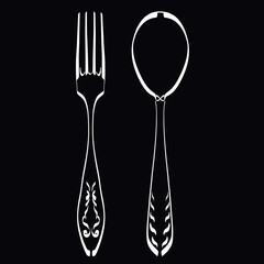 fork and spoon for food metal cutlery with a pattern a black outline on a black background