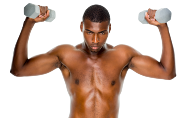 Determined fit shirtless man lifting dumbbells